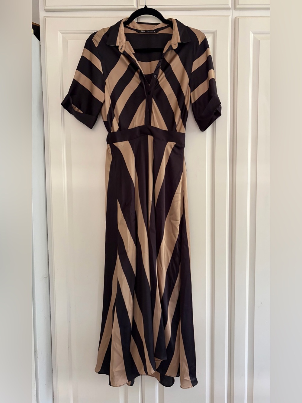 Zara Black and Gold Striped Satin Dress Size XS